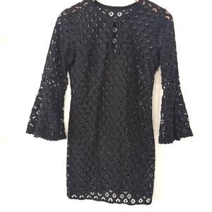 Black Lace Mini Dress Bell Sleeve Keyhole Cocktail Party Women's‎